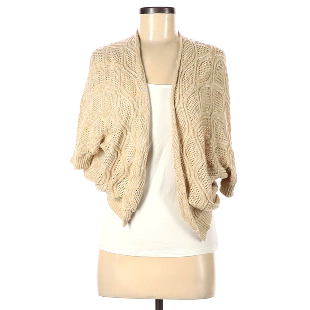 Jessica Simpson - Cropped 3/4 Sleeve Beige Tan Open Knit Cardigan Jacket - M